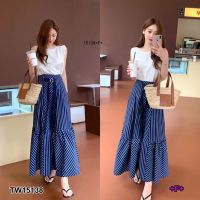 TW15138  Set 2 ชิ้น เสื้อแขนกุด + กระโปรงริ้วยาวสายหัวเข็มขัด   สอบถามก่อนสั่งซื้อ