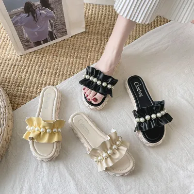 Beach Shoes House Slippers Platform Luxury Slides Slipers Women String Bead Med Sabot Designer 2022 Summer Flat Basic Rubber PU
