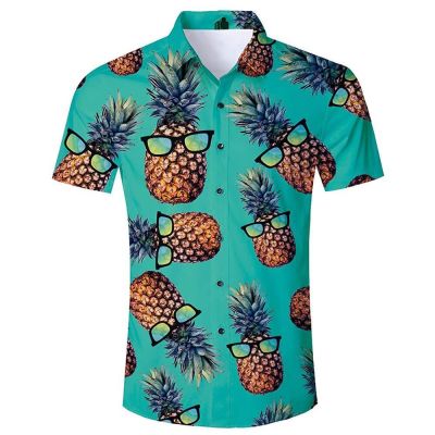 เสื้อพิมพ์ลาย3d เสื้อรูปสับปะรดตลกๆสำหรับผู้ชายเสื้อสตรีใส่ไปทะเลเสื้อปกอาชีพของผู้ชายเสื้อฮาวายกระดุมเสื้อผ้าขึ้น