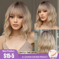 【jw】✔№❒  Short Wavy Bob Synthetic Wigs Blonde Ombre Hair for with Bangs Wig Resistant