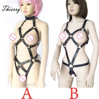 Thierry Adult Games PU Leather Body Harness for Women Fetish Slave Bondage Restraints,Exposed Breast Chastity Belt, Sex Products