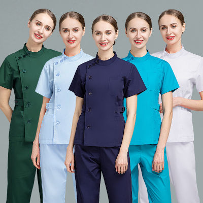 ชุดเสื้อ + กางเกงของผู้หญิงชุดผ่าตัดทางการแพทย์,เสื้อยืดแฟชั่นใหม่มีกระเป๋าชุดสูทแขนสั้นสำหรับผู้หญิงเครื่องแบบชุดทำงานพยาบาลแพทย์