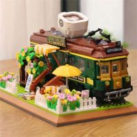 Retro train cafe building city street view building blocks small particles assembled toy model girl birthday gift toys