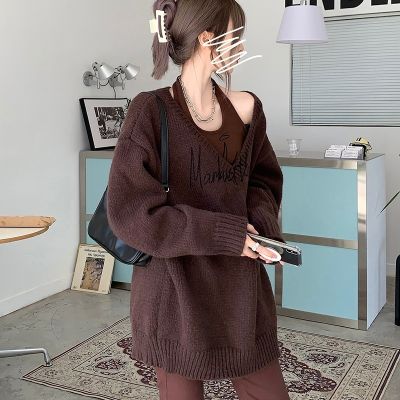 Medium and Long V-neck Pullover Sweater Womens Spring and Autumn Winter 2021 New Loose Lazy Style Sweater Top