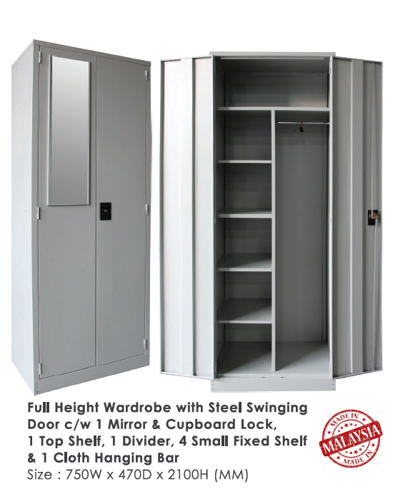 Steel Wardrobe Full Height Wardrobe with Steel Swinging Door c/w 1