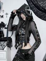 ☢► Wannathis Gothic PU Leather Stitching Hooded Blouse Womens Y2K Wear Short Coat Abi Motorcycle Style Top