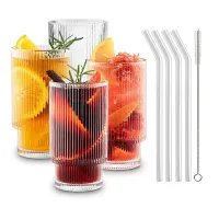 Ribbed Glass Cups Ribbed Glassware Vintage Glassware with Straws 12Oz, Drinking Glasses Set of 4