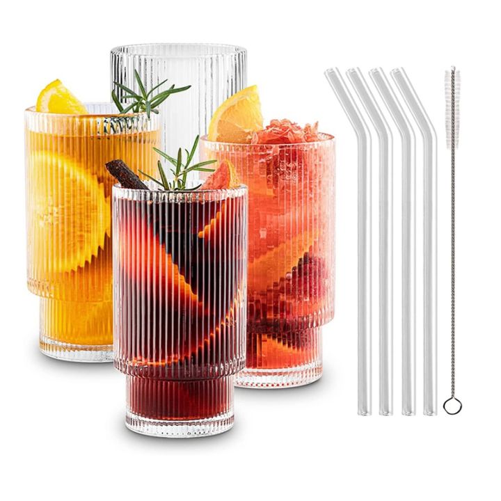 ribbed-glass-cups-ribbed-glassware-cocktail-glasses-with-straws-12oz-drinking-glasses-set-of-4