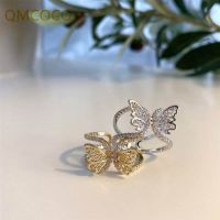 QMCOCO Silver Color Geometric Butterfly Vintage Open Adjustable Zircon Ring Simple Trendy Fine Jewelry For Women Party Gift