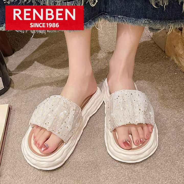 renben-รองเท้าแตะผู้หญิงกันลื่น-รองเท้าแตะหนาแฟชั่นมุกตาข่ายใหม่เข้าได้กับทุกชุดรองเท้าแตะมัฟฟิน
