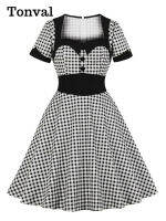 KKTonval Rockabilly 50S Gingham Sweetheart คอผู้หญิง R ชุดปาร์ตี้ปุ่มด้านหน้า95 ผ้าฝ้าย Vintage สูงเอวลายสก๊อต Dressesq11