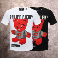 PHILIPP PLEIN เสื้อยืดคอกลมแขนสั้นสำหรับผู้ชาย,เสื้อผ้าแฟชั่นลำลองใหม่2023หมีรุนแรงเจาะร้อนขนาดพลัสไซส์