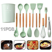 RockLife  เครื่องใช้ในครัวชุด 11Pcs ซิลิโคน Non-Stick ลำกล้องอุปกรณ์ทำอาหารชุดซิลิกาเจลภาชนะไม้ Handle ชุดเครื่องครัว