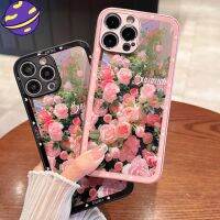 ดอกกุหลาบสีชมพูฝาครอบโทรศัพท์กระจกเหมาะสำหรับ IPhone 15 14 13 12 11 Pro X XS Max 7 8 14 15 Plus เคสป้องกันเลนส์แข็งเรียบ