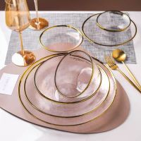 Transparent Glass Dinner Plates Dishes Salad Fruit Bowl Luxury Gold Inlay Glass Cake Food Plate Tableware Set for Restaurant