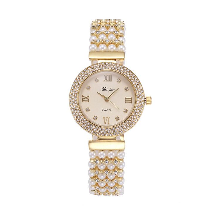 missfox-นาฬิกายี่ห้อดังไข่มุกธรรมชาติของผู้หญิง-นาฬิกาสแตนเลสด้านหลังกันน้ำสีทองนาฬิกาเพชรควอทซ์