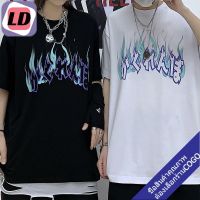 LD เสื้อคู่รักชายหญิงน่ารัก oversize เสื้อผ้าวัยรุ่นแฟชั่นเกาหลี เสื้อลายไฟโอเวอร์ไซต์แขนสั้นสีขาว แนวสตรีท ฮิปฮอป XXL  S  M L เสื้อคอกลมผู้ชาย