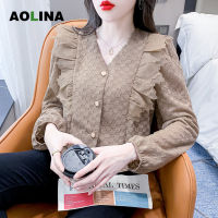 AOLINA 2022ใหม่เร้าใจคอวีเสื้อแขนยาวฤดูใบไม้ร่วงของผู้หญิงสไตล์ตะวันตกเสื้อลูกไม้ขนาดเล็กด้านบน