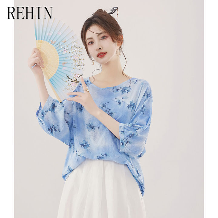 rehin-เสื้อผู้หญิงผ้าฝ้ายและผ้าลินินพิมพ์ลาย-เสื้อแบบสวมหัวทรงหลวมแฟชั่นใหม่ฤดูร้อน