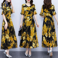 Women Flare Sleeve Dress Summer Floral Printing V Neck Waist-in Midi Skirt High Waist Half Sleeves A-line Skirt【fast】