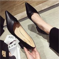 EOEODOIT Women Leather Pumps Med Chunky Heel Pointed Toe Shoes Slip On Daily Casual Office Lady Work Heels Shoes 4 cm