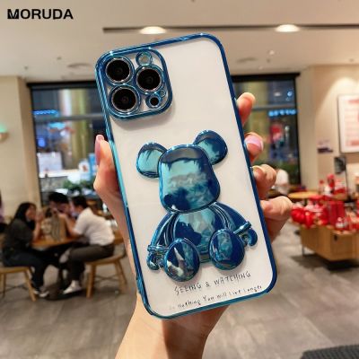 （cold noodles）หมีน่ารักชุบเคสโทรศัพท์สำหรับ iPhone 13 12 11 Pro Max 14 Max X Xs Xr 8 7 Plus SE 2ฝาครอบเลนส์ซิลิโคนใส