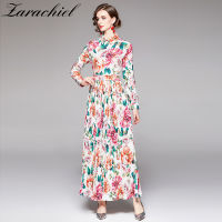 Autumn Bohemian Designer Colorful Flower Pleated Dress Women Long Sleeve Shirt Collar Rose Floral Printed Boho Loose Robe Femme