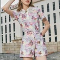 P014-018 PIMNADACLOSET - Short Sleeve Collar Button Front Print And High Waist Shorts Set