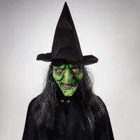 Wizard Green Face Horror Mask With Long Hair, Halloween Party Full Head Latex Headgear, Adult 3D Witch Cosplay Scary Props