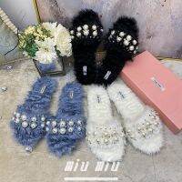 MiumiuˉWomens Slippers Plush Comfortable Keep Warm Fashion Temperament Womens Shoes