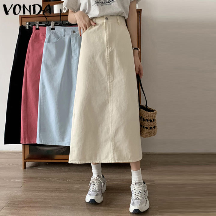 VONDA Women Casual High Waist A-line Skirt Fashion Pleated Party Long ...