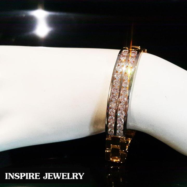 inspire-jewelry-สร้อยข้อมือฝังเพชรสวิสเรียงสองแถว-หรือสามแถว-ให้เลือกใส่-เลตเพชรสวิส-น้ำงามเกรด-aaa-งานจิวเวลลี่-ยาว-18-gold-plated-diamond-clonning