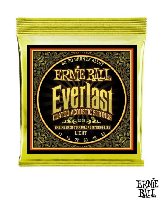 ernie-ball-2558-everlast-สายกีตาร์โปร่ง-เบอร์-11-แบบเคลือบ-80-20-bronze-ของแท้-100-รุ่น-everlast-coated-80-20-bronze-light-011-052-made-in-usa
