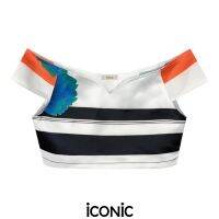 iCONiC ORANGE STRIP CROP TOP #6192 เสื้อผญ เสื้อสั้น ยาว30cm ผ้าไหม ลายทาง ดอกไม้ชมพู เสื้อแฟชั่น เสื้อเซ็กซี่ เสื้อลายทาง