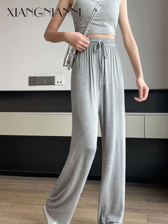 xiang-nian-ni-กางเกงขาม้าโมดอลสีเทา-กางเกงบางเอวสูงหลวมแนวตั้งลำลองชุดนอนเต้นป้องกันแสงแดด
