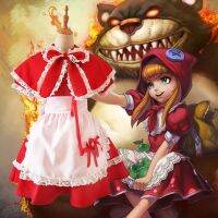 LOL KDA Anime Cosplay The Dark Child Annie Hastur Cosplay Costumes Maid Role Play Lace Babydoll Dress Maids Outfit+Red Cloak