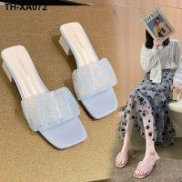 Crystal Thick Heel Slippers Womens 2023 Summer New Outerwear Fashion Mesh Fairy Temperament Low Heel One Word Slippers