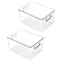 2Pcs Plastic Kitchen Pantry Cabinet,Refrigerator or Freezer Food or Book Storage Bins with Handles-Organizer for Snacks