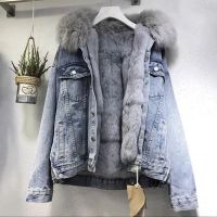 ZZOOI NEWDISCVRY Fur Collar Denim Jacket Women Winter Warm Basic Coat Female Cold Motorcycle Outerwear Fleece Thick Padded Overcoat