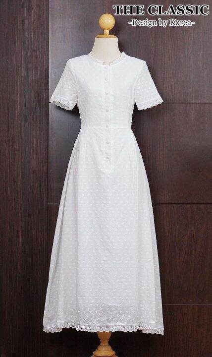 เดรสยาวกระดุมหน้า-s-2xl-ชุดใส่ทำบุญ-ลูกไม้สีขาว-ชุดขาว-เดรสขาว-ชุดไปวัด-ลูกไม้-ฉลุ-งานป้าย-the-classic