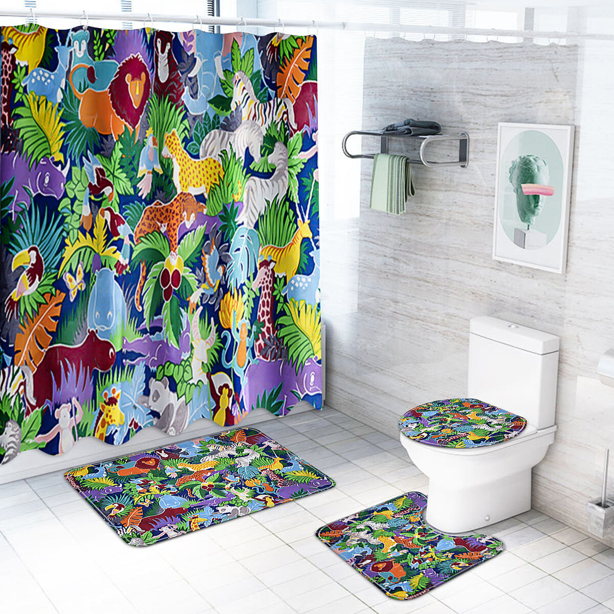 180*180cm 4pcs Bathroom Toilet Cover Christmas Bell Shower Curtain+3PCS Mat Set 