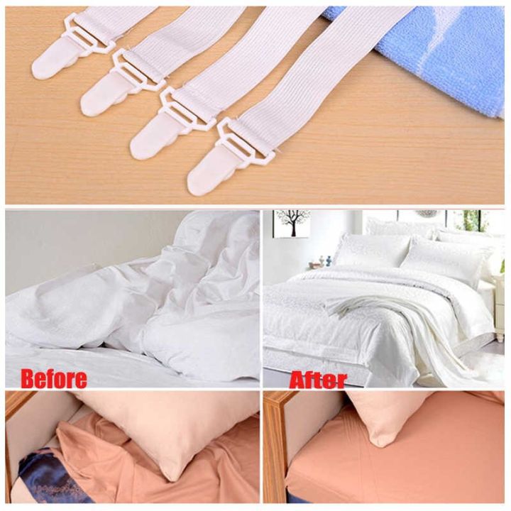 Bed Sheet Straps, 4Pcs Sheet Fastener, Easy to Install Bed Sheet Clips,  Adjustable Fitted Sheet Suspenders Grippers with Non-Slip Clip and Elastic  Band 