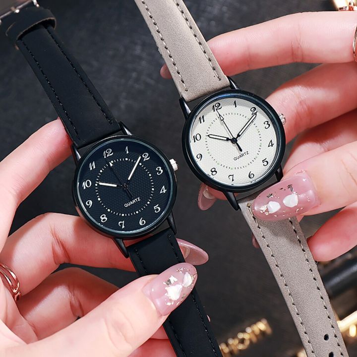 นาฬิกาสายสายหนังควอตซ์ลำลองของผู้หญิงคลาสสิก-นาฬิกาข้อมืออนาล็อกกลมเรืองแสงนาฬิกากันน้ำ