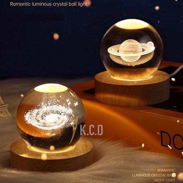 3D Crystal Ball Night Light with Galaxy Pattern, Wooden Lamp Holder ...