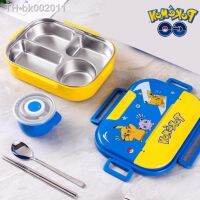 ◑ Pokemon Pikachu Childrens 316L Stainless Steel Lunch Box Four Grid Portable Soup Bowls Chopsticks and Tableware for Students