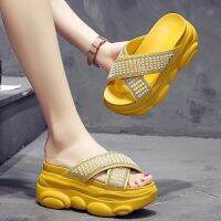 COD DSFEDTGETEER Women s slippers wear fashion summer all-match pearl thick-bottomed sponge cake wedge heels to increase sandals and