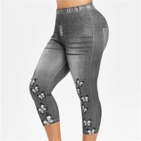 【CC】 Woman Pants Stretch Short Imitation Denim Printed Leggings Waist Breeches Jeggings