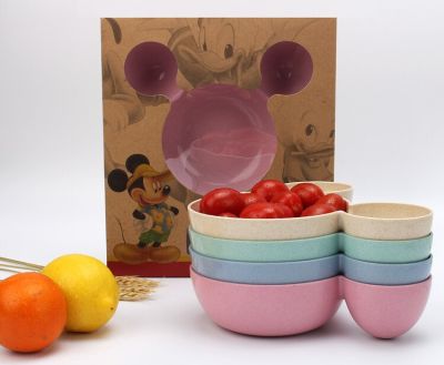 Wheat straw Mickey tableware childrens tableware set shatter-resistant household cute cartoon baby gift bowl gift box
