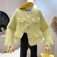 Small Fragrance Vinatge Tweed Jacket 2021 Autumn Winter Women Long Sleeve V Neck Tassels Frayed Trim Single Breasted Outerwear