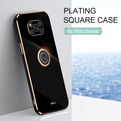 「Enjoy electronic」 Plating Square Ring Holder Phone Case On For Xiaomi Mi Poco X3 Pro X 3 Nfc Gt 5g Poko X3pro  Luxury Soft Silicone Stand Cover